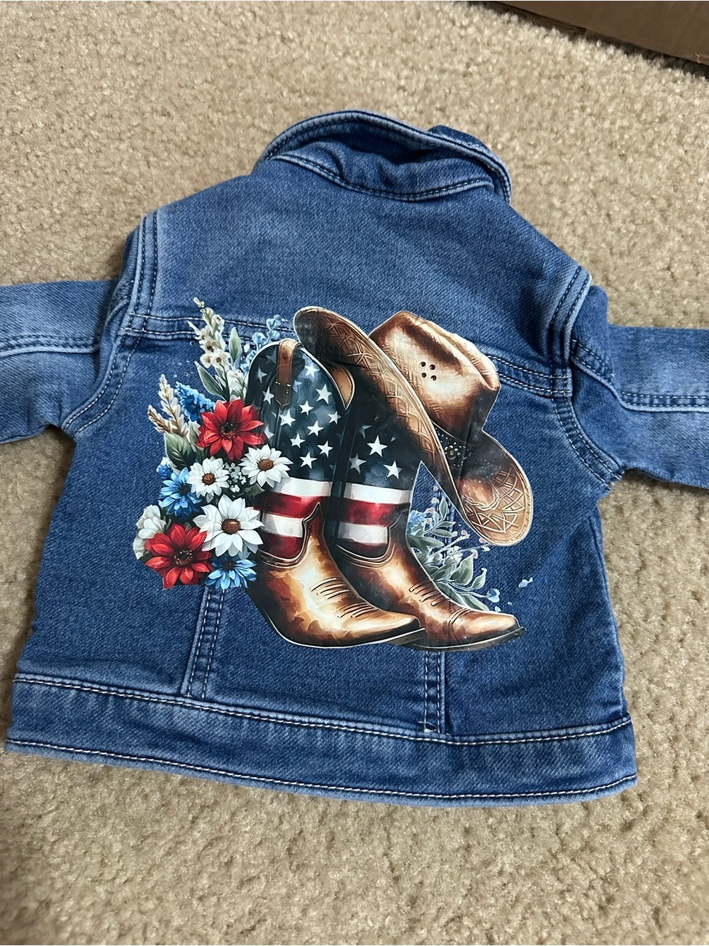 Handmade Patriotic Baby Denim Jacket 6–9 Months Cowboy Boots USA One-of-a-Kind - Picture 4 of 4